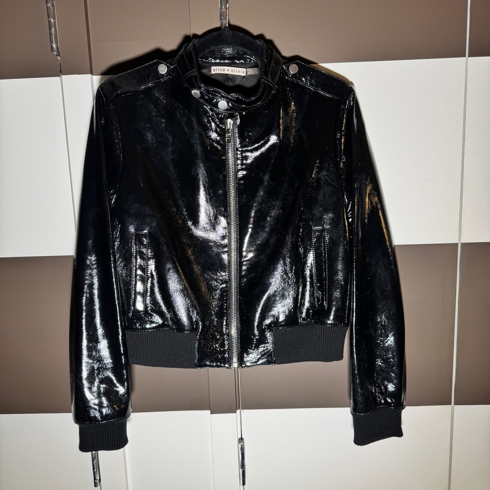 Alice & Olivia Nixon Jacket Black Patent Leather Size US Medium